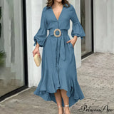 Camisa con volantes de moda para mujer, cuello en V informal, mangas farol, bolsillo, falda larga, vestido midi de primavera para mujer.