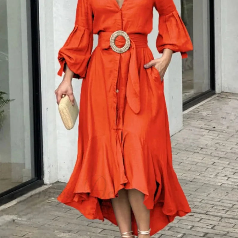 Camisa con volantes de moda para mujer, cuello en V informal, mangas farol, bolsillo, falda larga, vestido midi de primavera para mujer.