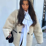 Abrigo retro holgado de lana sintética con cuello redondo