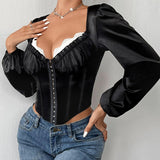 Blusa vintage de manga larga en encaje y malla corsé.