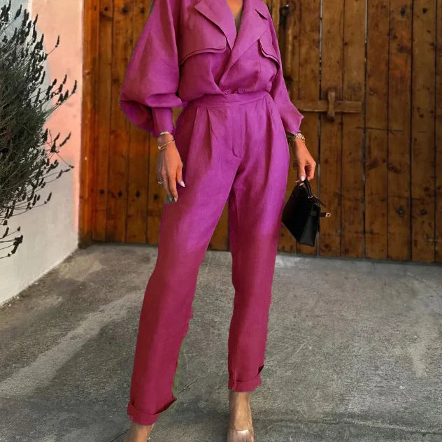 Mono de mujer - Corte holgado - Mangas largas abullonadas - Cuello ancho elegante