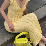 Vestido largo de punto estilo campestre con escote en pico y volantes franceses