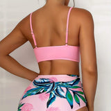Bikini para mujer - Top cruzado con tirantes ajustables - Braguita de cintura alta con estampado tropical