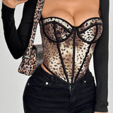 Blusa bustier sexy en malla transparente con estampado de leopardo