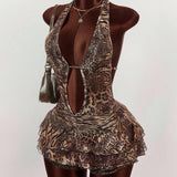 Mini vestido sexy con estampado de leopardo, espalda abierta y volantes