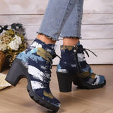 Botines de mujer - Tacón cuadrado - Cordones y cremallera lateral - Estampado artístico de moda