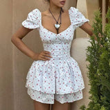 Minivestido con cintura lazada y volantes, mangas abullonadas