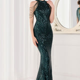 Vestido de noche largo sirena con lentejuelas y espalda abierta