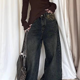 Vaqueros vintage con estampado de leopardo, patchwork, perneras anchas y dobladillos