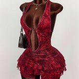 Mini vestido sexy con estampado de leopardo, espalda abierta y volantes