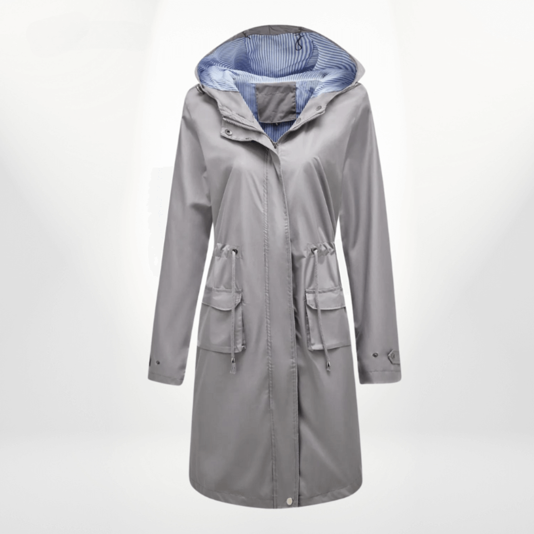 Gabardina de mujer – Impermeable largo – Capucha – Cintura ajustable – Bolsillos con solapa