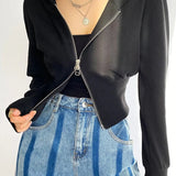 Sudadera con capucha corta, sencilla y ajustada, con doble cremallera