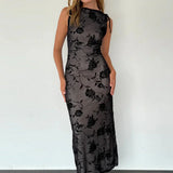 Vestido largo ajustado sin mangas de punto flocado