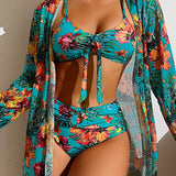 Conjunto de dos piezas con manga larga y lazo floral en la parte delantera.
