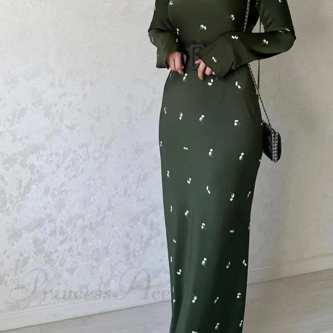 Vestido midi con estampado floral de cintura alta y cinturón