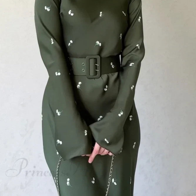 Vestido midi con estampado floral de cintura alta y cinturón