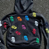 Sudadera con capucha y cremallera estilo hip-hop con estampado de letras de espuma