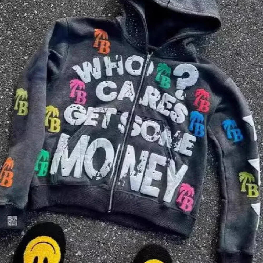 Sudadera con capucha y cremallera estilo hip-hop con estampado de letras de espuma