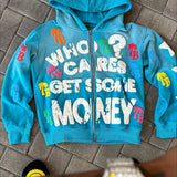 Sudadera con capucha y cremallera estilo hip-hop con estampado de letras de espuma