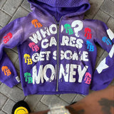 Sudadera con capucha y cremallera estilo hip-hop con estampado de letras de espuma