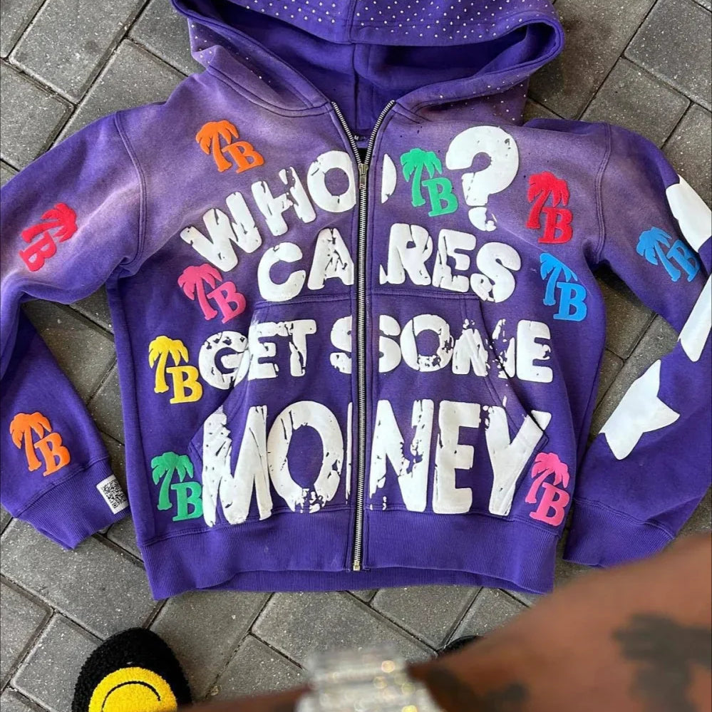Sudadera con capucha y cremallera estilo hip-hop con estampado de letras de espuma