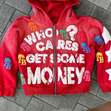 Sudadera con capucha y cremallera estilo hip-hop con estampado de letras de espuma