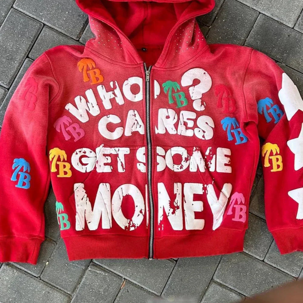 Sudadera con capucha y cremallera estilo hip-hop con estampado de letras de espuma