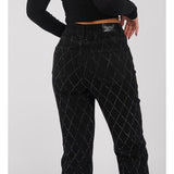 Pantalones de mujer - Cintura alta - Pierna ancha - Estampado de rombos con remaches - Estilo elegante