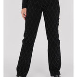 Pantalones de mujer - Cintura alta - Pierna ancha - Estampado de rombos con remaches - Estilo elegante