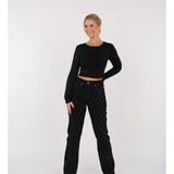 Pantalones de mujer - Cintura alta - Pierna ancha - Estampado de rombos con remaches - Estilo elegante