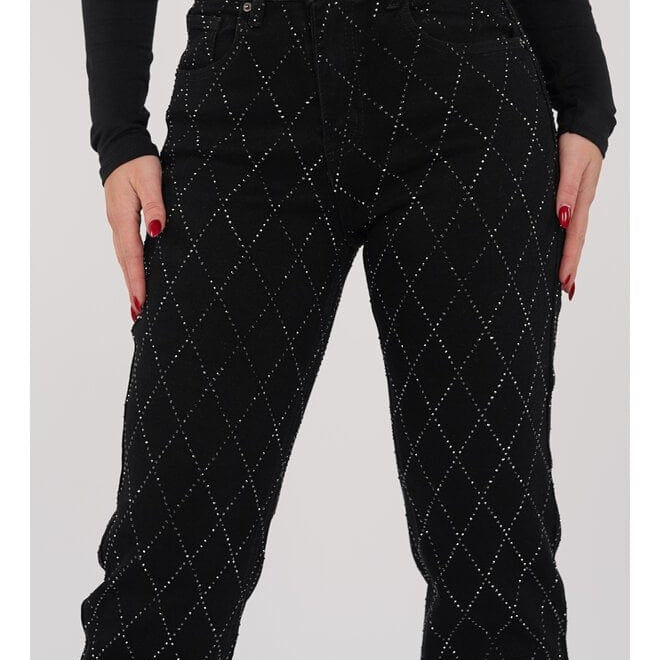 Pantalones de mujer - Cintura alta - Pierna ancha - Estampado de rombos con remaches - Estilo elegante