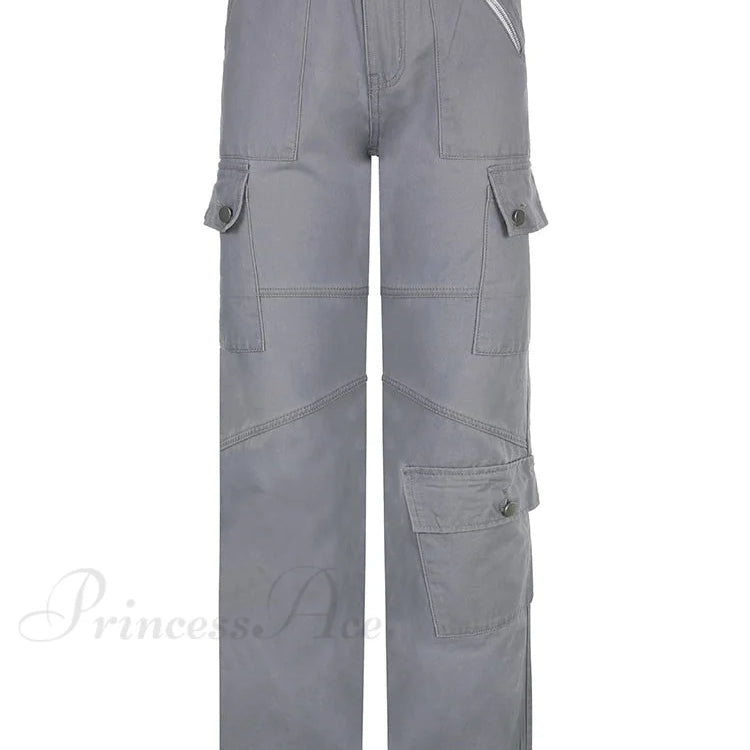 Pantalones cargo casuales grises con bolsillos cosidos