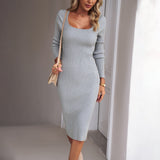 Vestido de punto para mujer – Corte entallado – Escote en U – Mangas largas – Abertura lateral – Largo midi