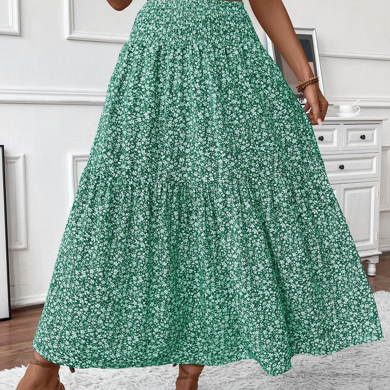 Falda larga de mujer - Cintura elástica - Estampado de volantes - Estampado floral