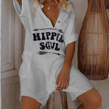 Mono de mujer con botones - Estampado hippie - Mangas cortas - Corte holgado
