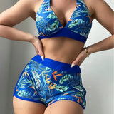Conjunto de bikini de dos piezas con short estampado y diseño sin espalda.