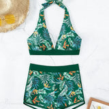 Conjunto de bikini de dos piezas con short estampado y diseño sin espalda.