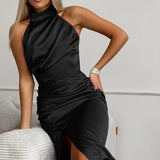 Vestido largo elegante con abertura, color liso, espalda abierta y sin mangas.