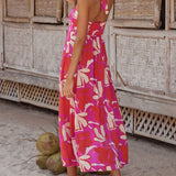 Vestido midi sin espalda con estampado de loto y encantador color baya