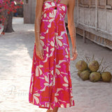 Vestido midi sin espalda con estampado de loto y encantador color baya