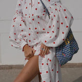 Vestido de algodón con mangas abullonadas y estampado de corazones