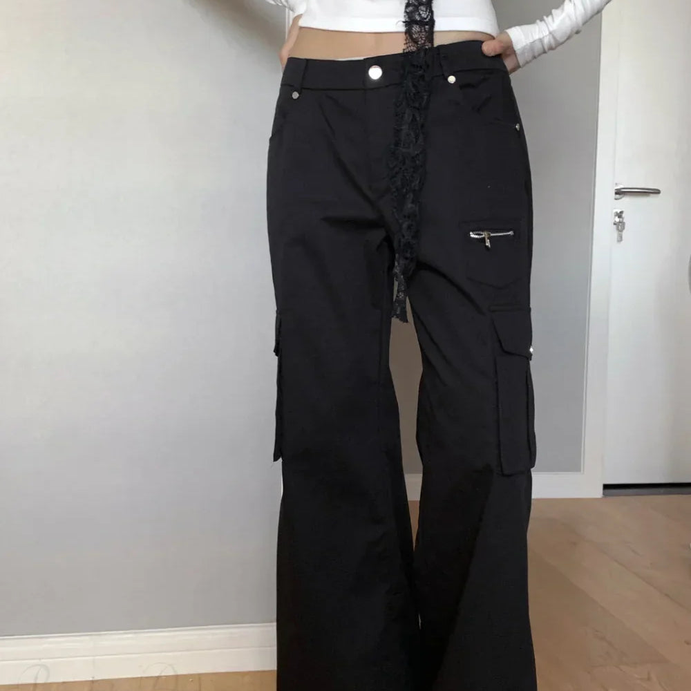 Pantalones cargo de cintura alta y pierna ancha con múltiples bolsillos