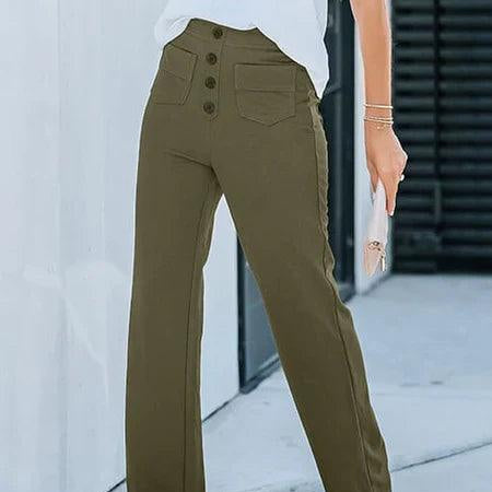 Pantalones elegantes de cintura alta: comodidad elástica y estilo moderno.