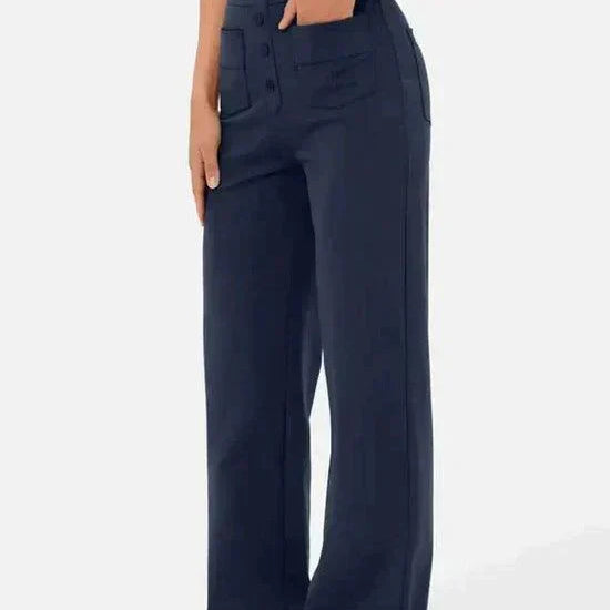 Pantalones elegantes de cintura alta: comodidad elástica y estilo moderno.