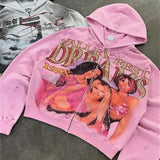 Sudadera vintage con estampado de pedrería y estilo streetwear.