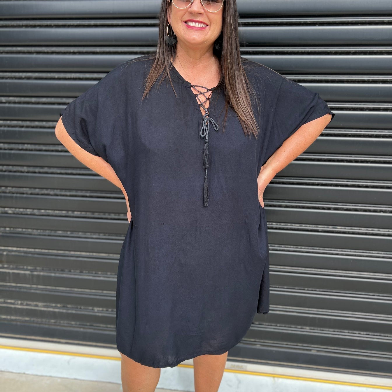 Vestido caftán para mujer - Corte holgado - Estampado tie-dye - Cuello con cordones - Mangas cortas