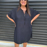Vestido caftán para mujer - Corte holgado - Estampado tie-dye - Cuello con cordones - Mangas cortas