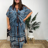 Vestido caftán para mujer - Corte holgado - Estampado tie-dye - Cuello con cordones - Mangas cortas