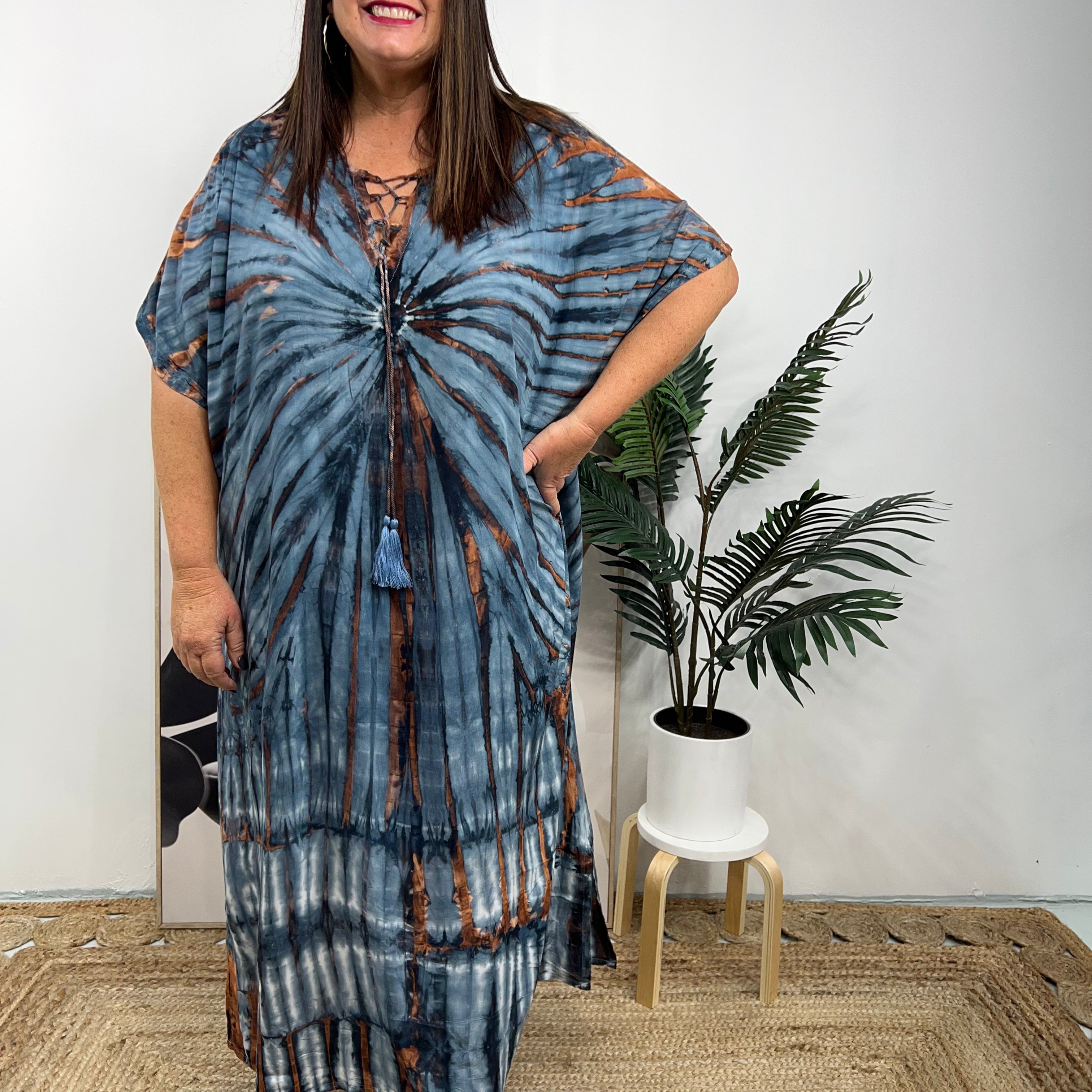 Vestido caftán para mujer - Corte holgado - Estampado tie-dye - Cuello con cordones - Mangas cortas