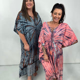 Vestido caftán para mujer - Corte holgado - Estampado tie-dye - Cuello con cordones - Mangas cortas